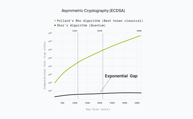 Asymmetric cryptography (ECDSA) — Shor's algorithm exponential speedup over Pollard's Rho